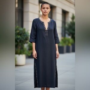 Castro Concept black maxi 100% linen grommet embellished side slits Sz 6